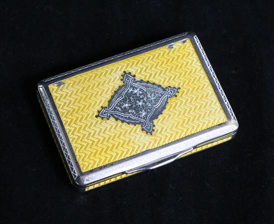 A mid 20th century Austrian 900 standard silver and yellow enamel rectangular snuff box, 80mm.